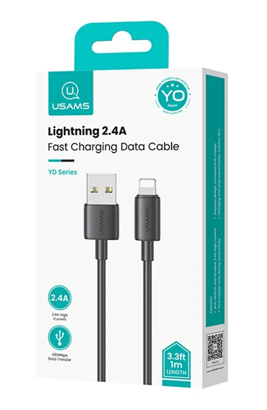 USAMS καλώδιο Lightning σε USB US-SJ709, 2.4A, 480Mbps, 1m, μαύρο