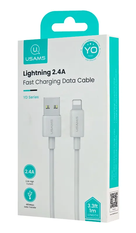 USAMS καλώδιο Lightning σε USB US-SJ709, 2.4A, 480Mbps, 1m, λευκό