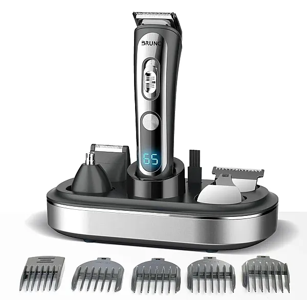 BRUNO κουρευτική/ξυριστική μηχανή 5 σε 1 BRN-0221, επαναφορτιζόμενη, ψηφιακή ένδειξη, black-inox, σετ 16τμχ