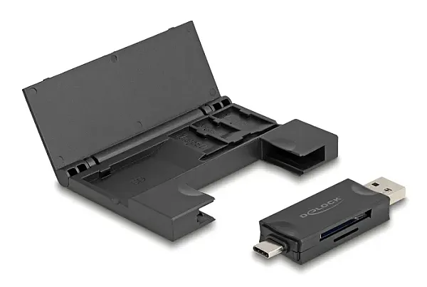 DELOCK card reader 91014 για SD & micro SD, με θήκη, USB/USB-C, 5Gbps, μαύρο