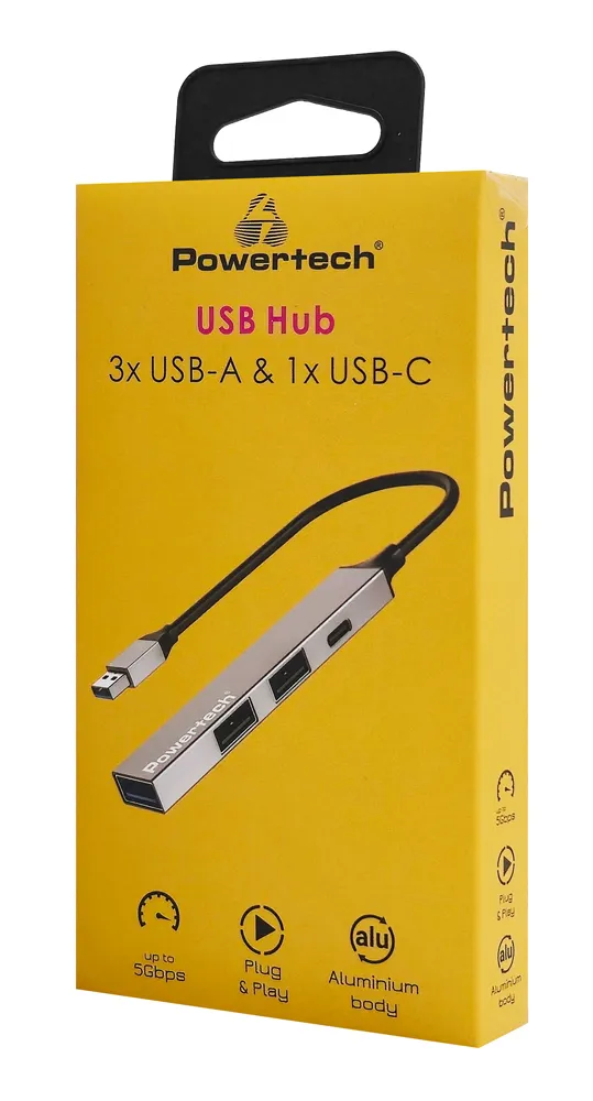 POWERTECH USB hub PT-1413, 4x θυρών, USB 3.2, 5Gbps, USB σύνδεση, γκρι