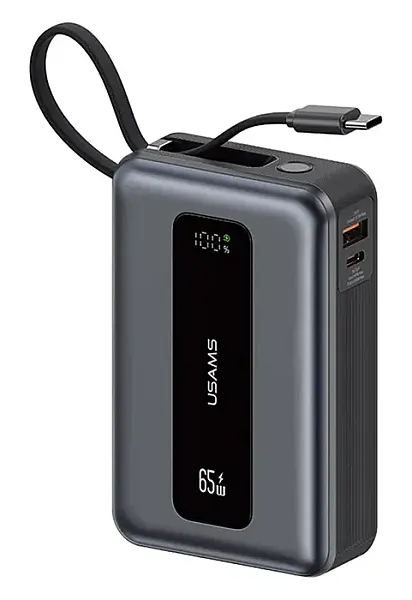 USAMS power bank CD243 με καλώδιο USB-C, 2x θύρες εξόδου, 20000mAh, 65W, γκρι