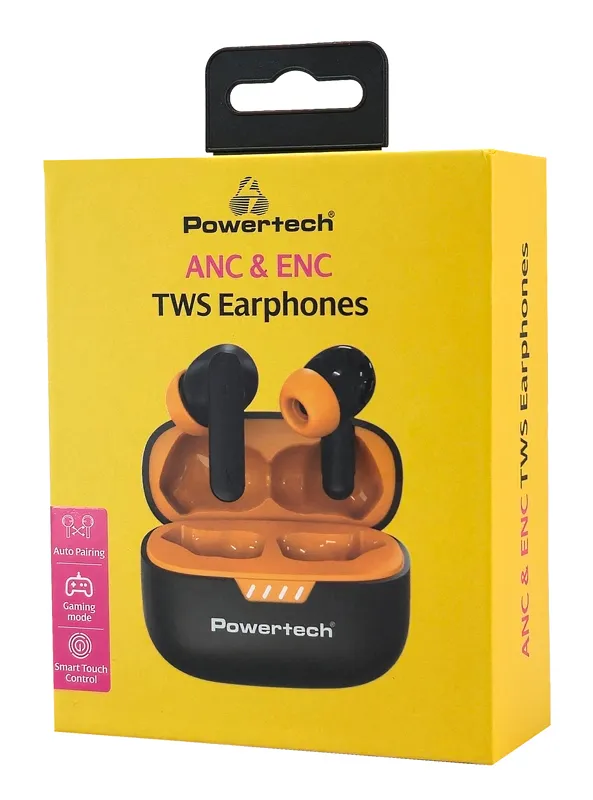 POWERTECH earphones με θήκη φόρτισης PT-1431, True Wireless, 40/400mAh, ANC & ENC, μαύρα
