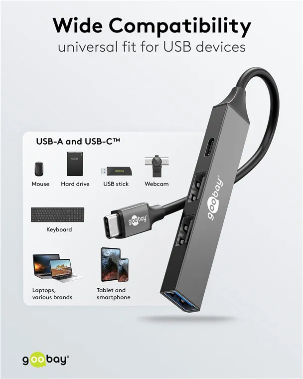 GOOBAY USB hub 74459, 4x θυρών, USB 3.2, 5Gbps, USB-C σύνδεση, γκρι