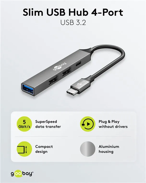 GOOBAY USB hub 74459, 4x θυρών, USB 3.2, 5Gbps, USB-C σύνδεση, γκρι