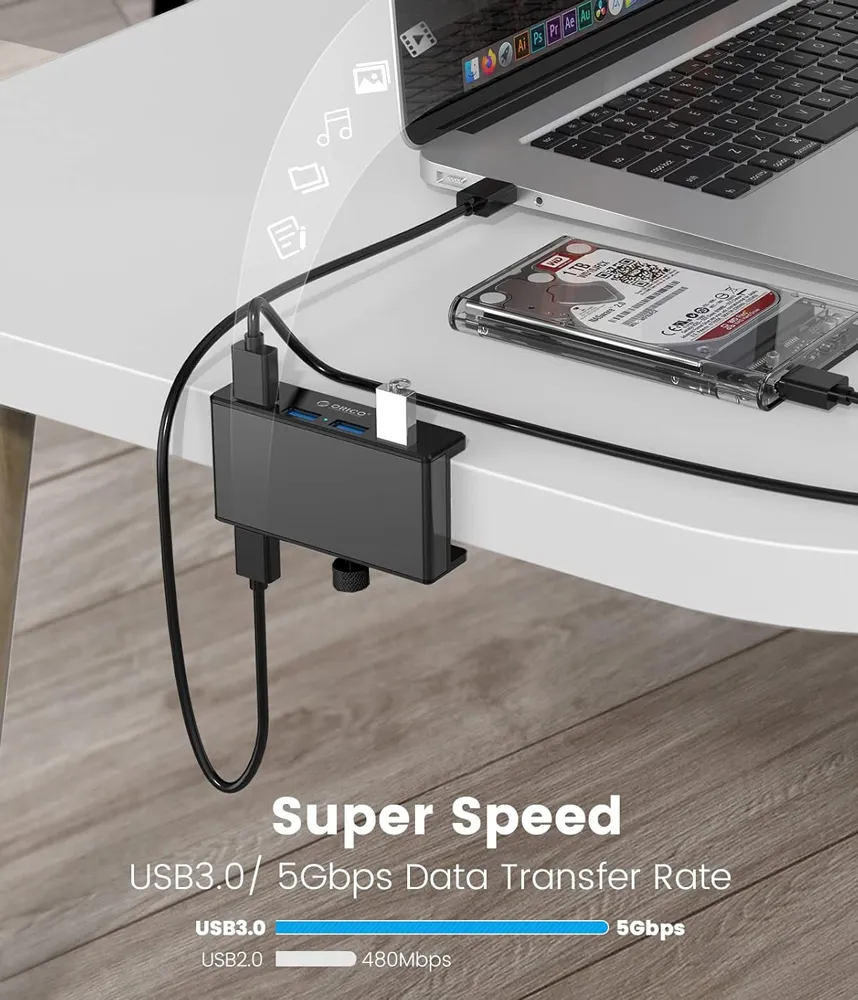 ORICO USB hub MH4PU-P με σφιγκτήρα, 4x θυρών, 5Gbps, USB σύνδεση, μαύρο