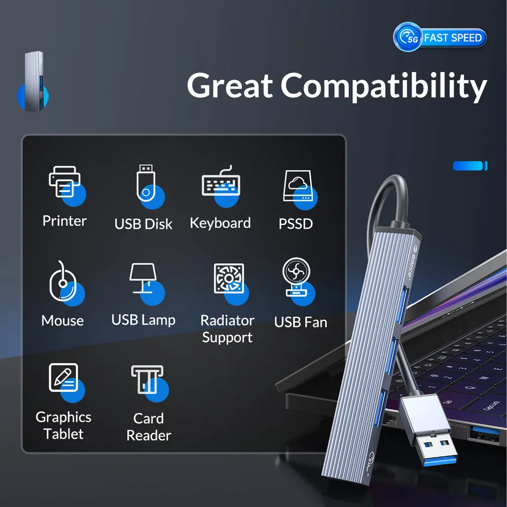 ORICO USB hub AH-A13, 4x θυρών, USB 3.0, 5Gbps, USB σύνδεση, γκρι