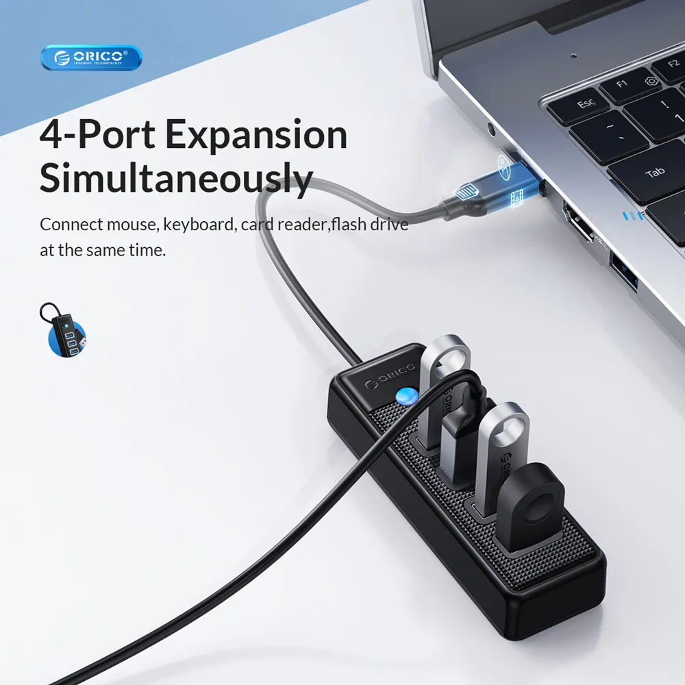 ORICO USB hub PW4U-C3, 4x θυρών, USB 3.0, 5Gbps, USB-C σύνδεση, μαύρο