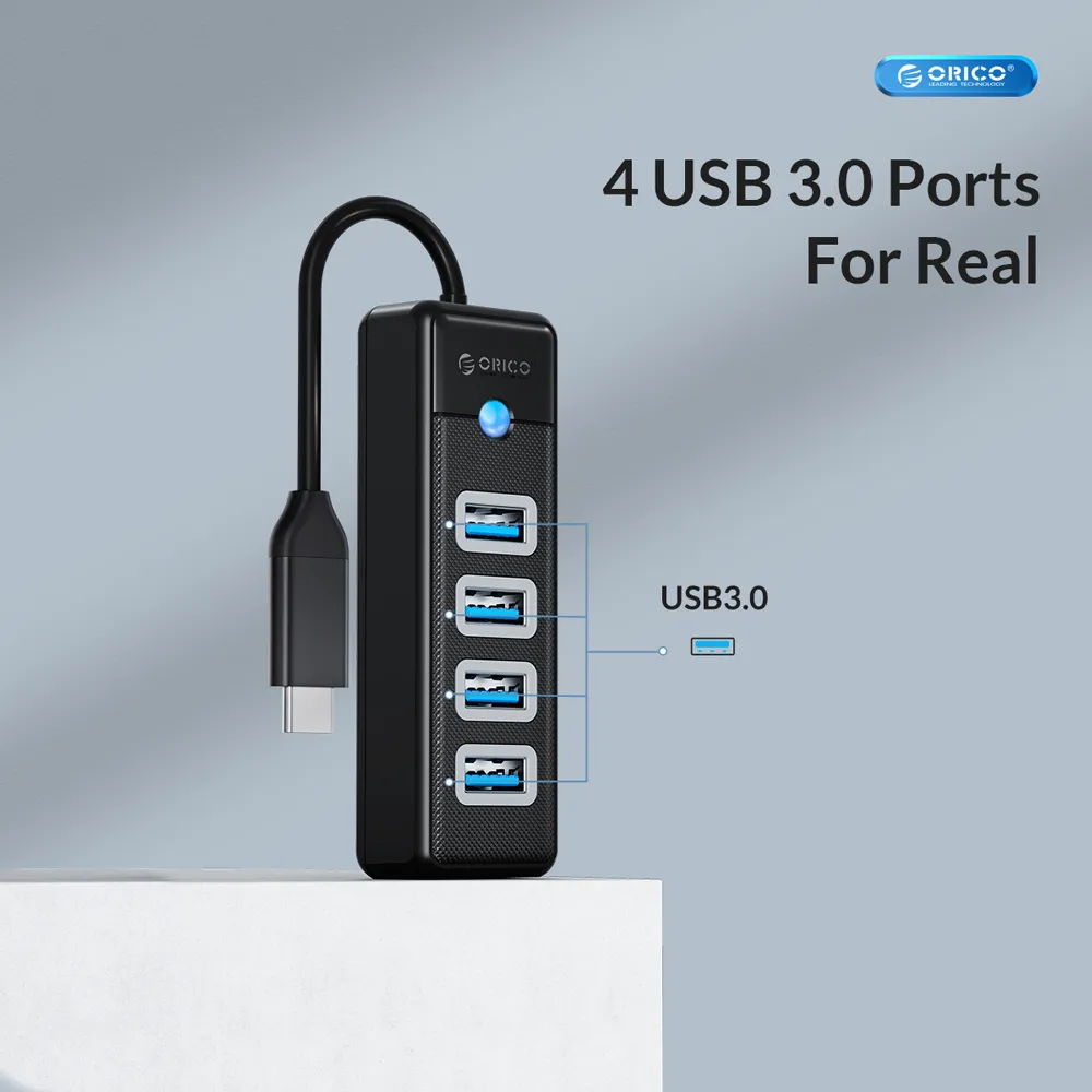 ORICO USB hub PW4U-C3, 4x θυρών, USB 3.0, 5Gbps, USB-C σύνδεση, μαύρο