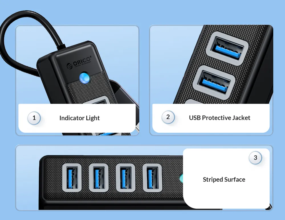 ORICO USB hub PW4U-C3, 4x θυρών, USB 3.0, 5Gbps, USB-C σύνδεση, μαύρο