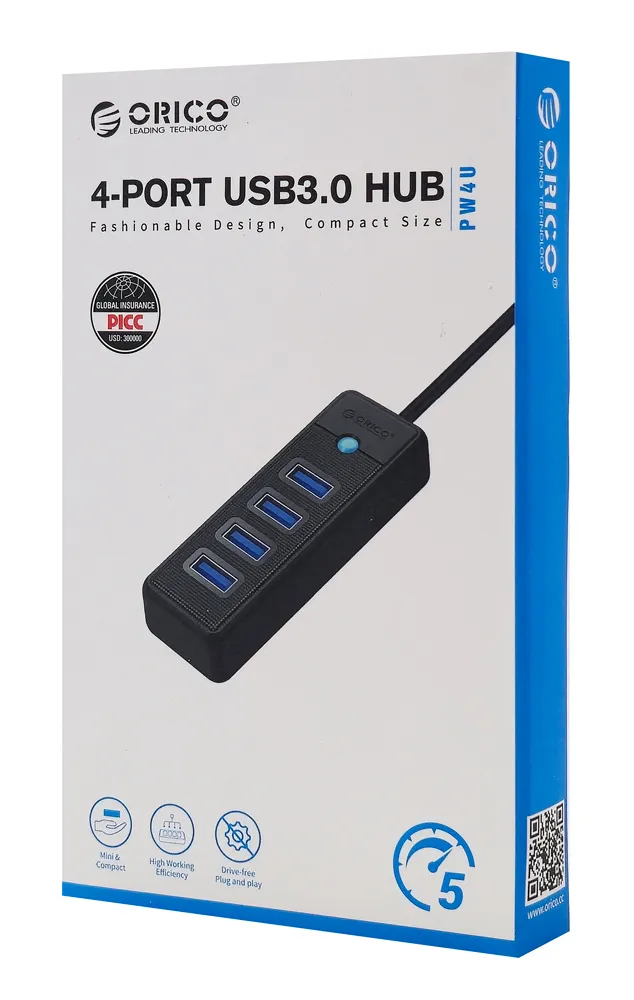 ORICO USB hub PW4U-C3, 4x θυρών, USB 3.0, 5Gbps, USB-C σύνδεση, μαύρο