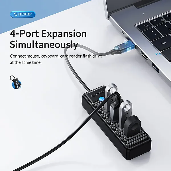ORICO USB hub PW4U-C3, 4x θυρών, USB 3.0, 5Gbps, USB-C σύνδεση, μαύρο