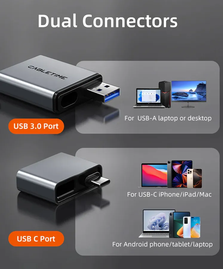 CABLETIME card reader CT-ACCD3-AG για SD & micro SD, USB 3.0, 5Gbps, γκρι