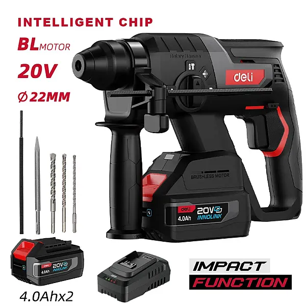 DELI κρουστικό σκαπτικό μπαταρίας DE-DC20-2D4, Brushless, 20V, 2x 4Ah, 2J