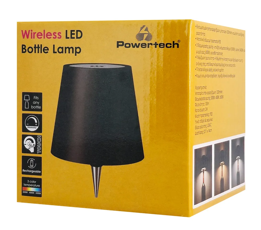 POWERTECH LED φωτιστικό για μπουκάλι HLL-0197, ρυθμιζόμενο, επαναφορτιζόμενο, μαύρο