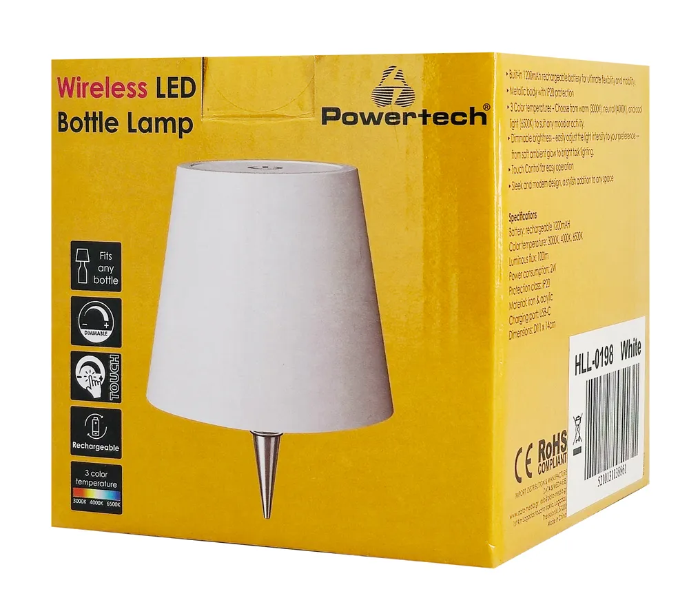 POWERTECH LED φωτιστικό για μπουκάλι HLL-0198, ρυθμιζόμενο, επαναφορτιζόμενο, λευκό