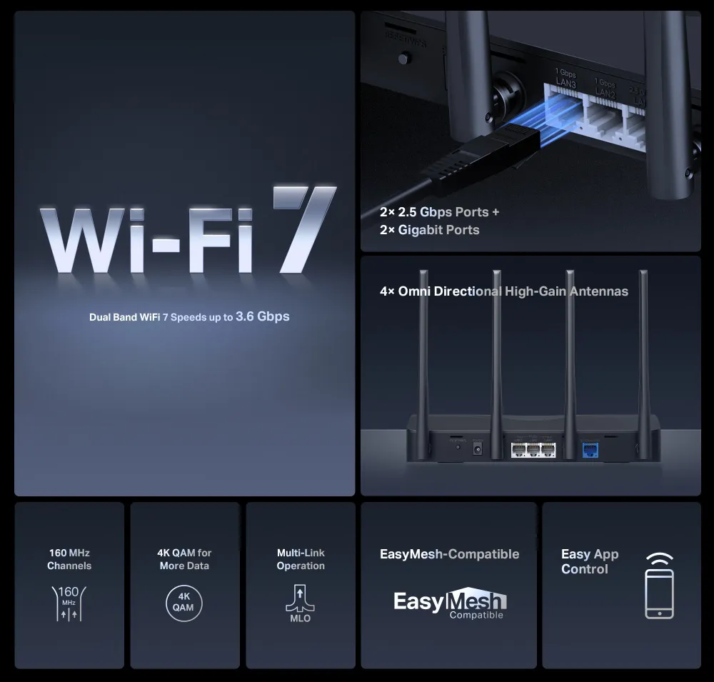 MERCUSYS router MR27BE, WiFi 7, 3.6Gbps BE3600, EasyMesh, Ver 1.20