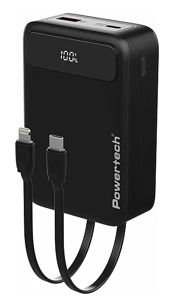POWERTECH power bank PT-1504 με καλώδια & οθόνη, 20000mah, 22.5W, μαύρο