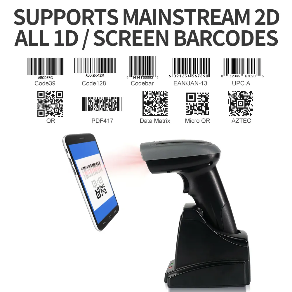 GTCODESTAR barcode scanner GT-1901C με βάση, 1D & 2D, ενσύρματο & ασύρματο, Bluetooth, 2000mAh, μαύρο
