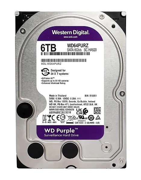 WD σκληρός δίσκος 3.5" Purple Surveillance 6TB, 256MB, 5400RPM, SATA III