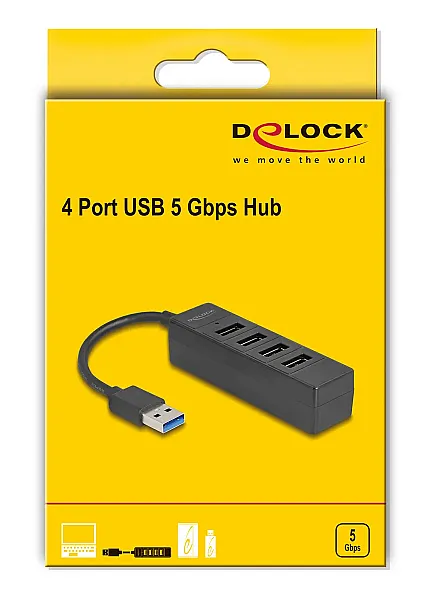 DELOCK USB hub 64350, 4x θυρών, USB 3.0, 5Gbps, USB σύνδεση, μαύρος