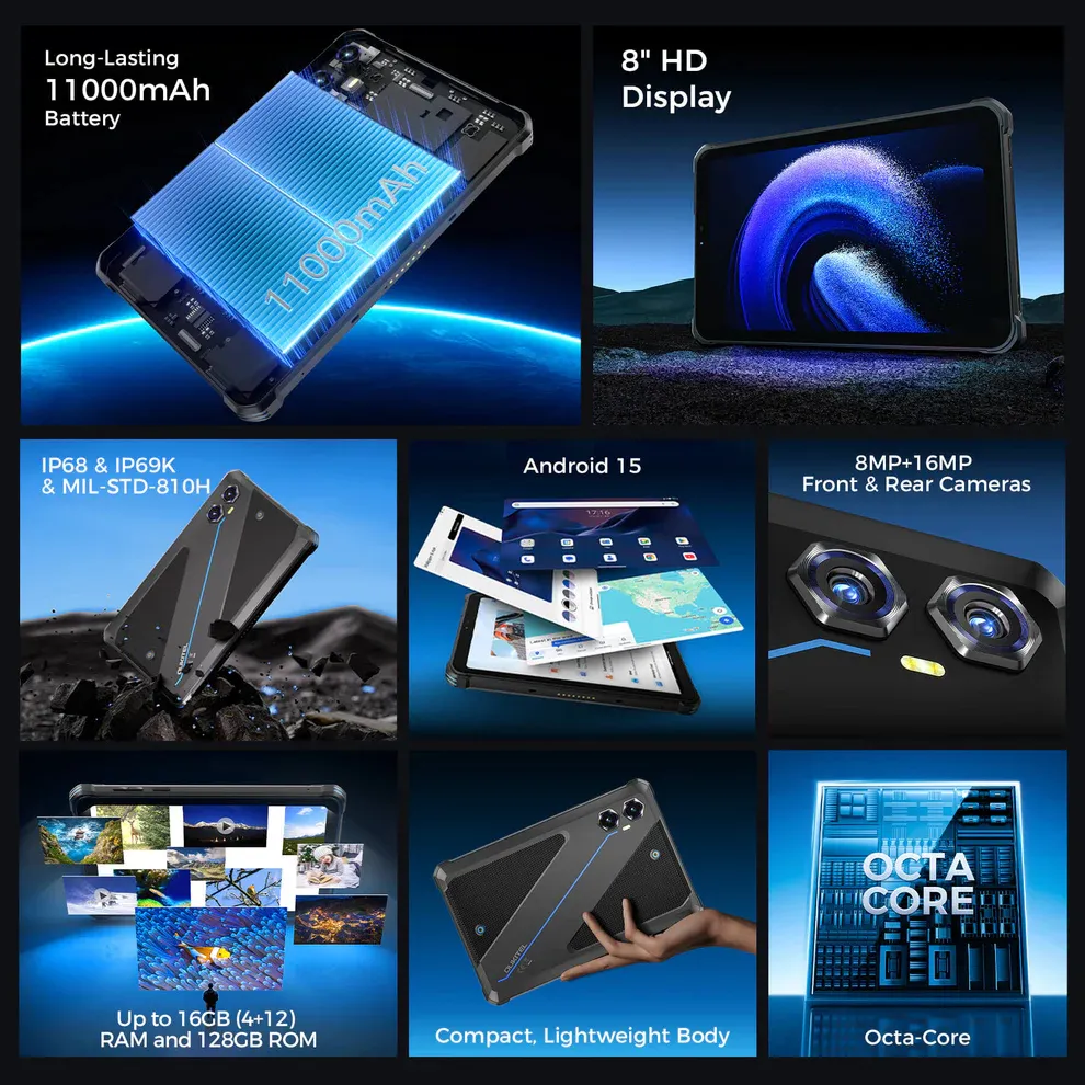 OUKITEL tablet RT3 Plus, 8", 4/128GB, 4G, 11000mAh, IP68/IP69K, μαύρο