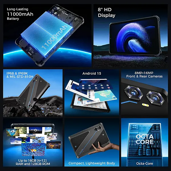 OUKITEL tablet RT3 Plus, 8", 4/128GB, 4G, 11000mAh, IP68/IP69K, μαύρο