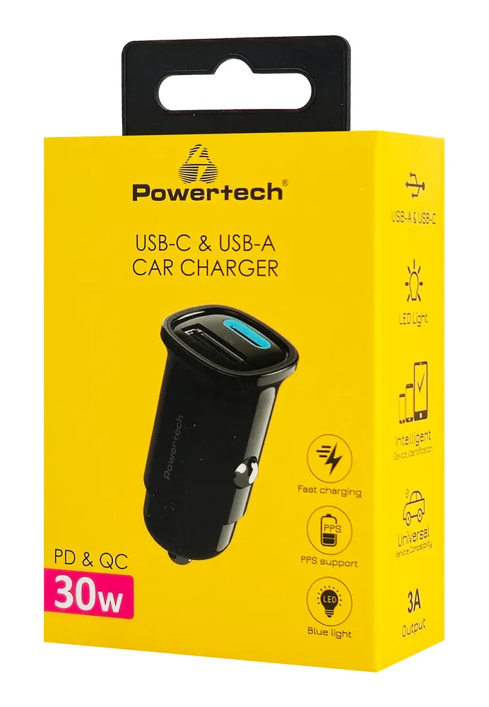 POWERTECH φορτιστής αυτοκινήτου PT-1538, USB & USB-C, 30W, μαύρος
