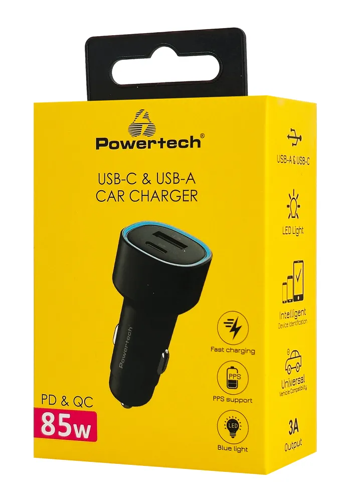 POWERTECH φορτιστής αυτοκινήτου PT-1539, USB & USB-C, 85W, μαύρος