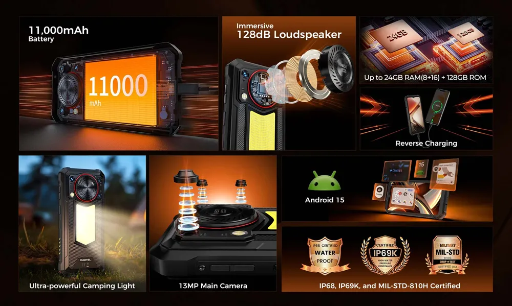 OUKITEL smartphone WP53 με ηχείο 3W, 6.52", 8/128GB, 11000mAh, IP68/IP69K/MIL-STD-810H, μαύρο