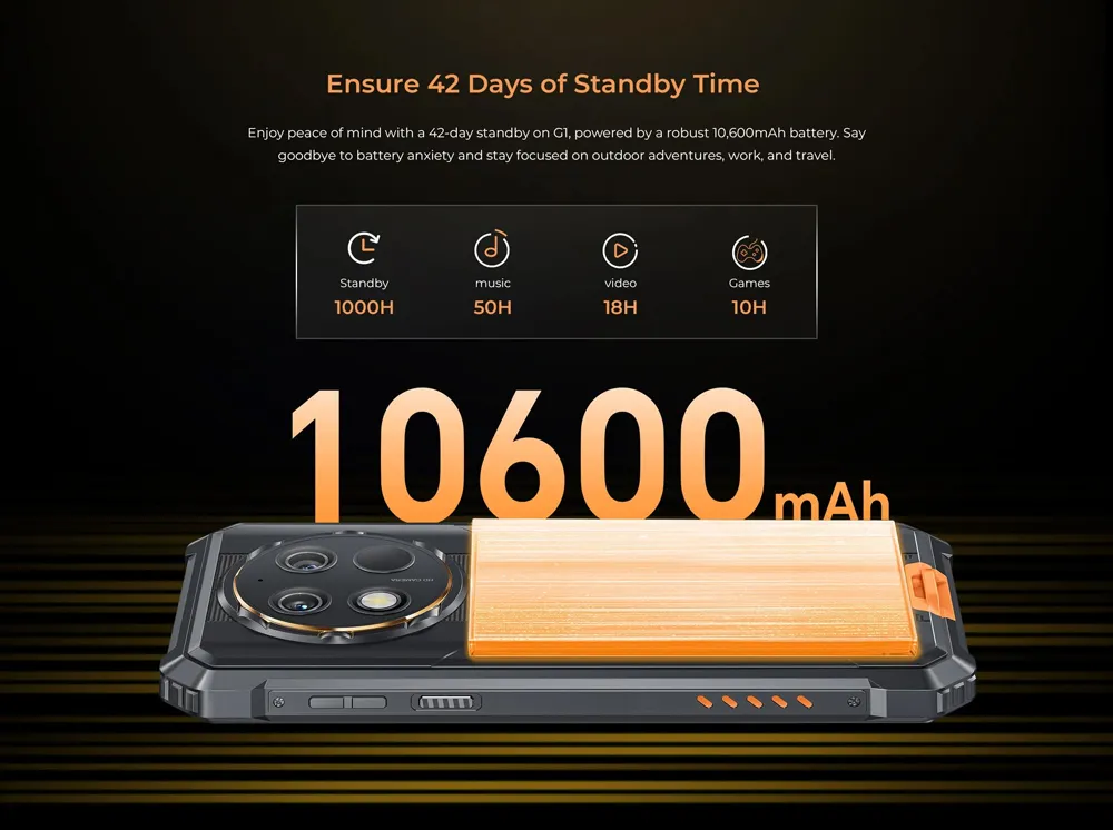 OUKITEL smartphone G1, 6.52", 6/256GB, 10600mAh, IP68/IP69K/MIL-STD-810H, μαύρο