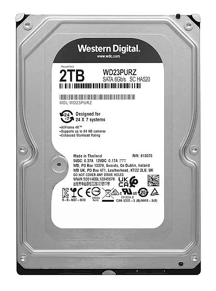 WD σκληρός δίσκος Purple Surveillance 3.5", 2TB, 64MB, 5400RPM, 6Gb/s, Factory Recertified