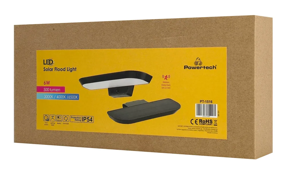 POWERTECH LED ηλιακό φωτιστικό PT-1516 με αισθητήρα κίνησης, 6W, 2000mAh, μαύρο