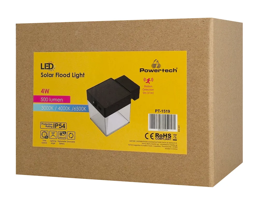 POWERTECH LED ηλιακό φωτιστικό PT-1519 με αισθητήρα κίνησης, 4W, 2000mAh, μαύρο