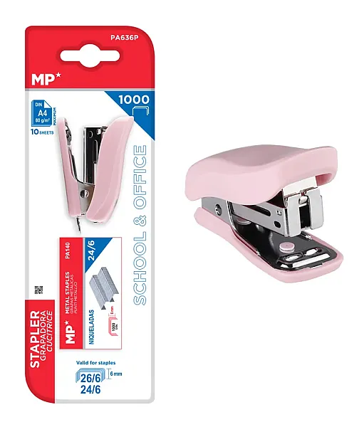 MP mini συρραπτικό PA636P με ανταλλακτικά, 24/6 - 26/6, 10 φύλλα, ροζ
