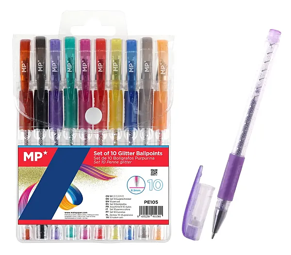 MP σετ στυλό διαρκείας ballpoint PE105 με glitter, 0.9mm, διάφορα χρώματα, 10τμχ