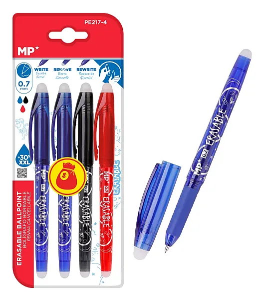 MP σετ στυλό διαρκείας PE217-4, erasable, 0.7mm, διάφορα χρώματα, 4τμχ