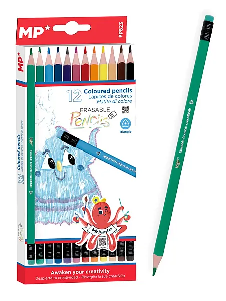 MP χρωματιστές ξυλομπογιές PP823 με γόμα, τρίγωνες, 12τμχ