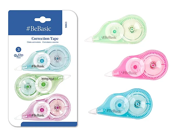 BEBASIC σετ διορθωτική ταινία S063, 5mm x 12m, μπλε/πράσινη/ροζ, 3τμχ