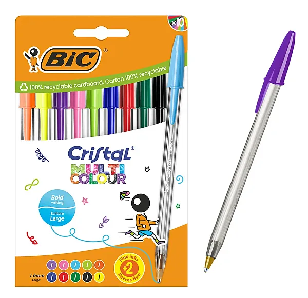 BIC στυλό διαρκείας ballpoint Cristal Multicolour, 1.6mm μύτη, διάφορα χρώματα, 10τμχ