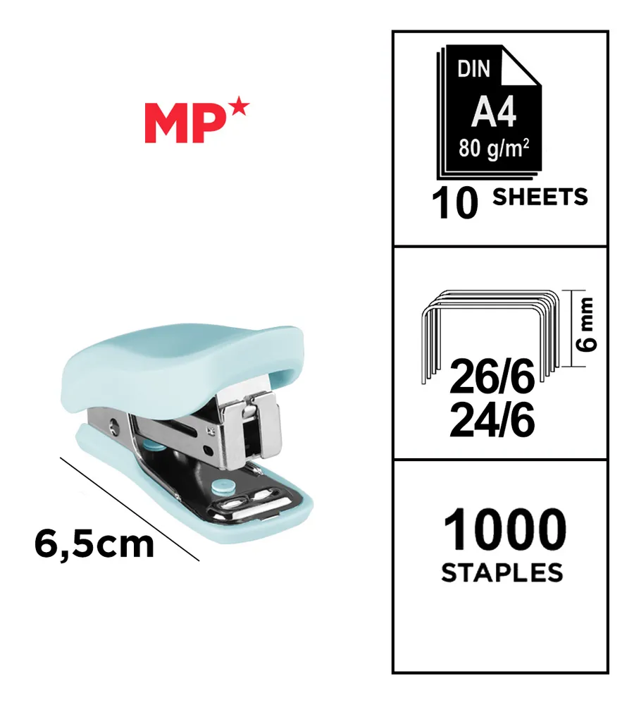 MP mini συρραπτικό PA636P με ανταλλακτικά, 24/6 - 26/6, 10 φύλλα, γαλάζιο