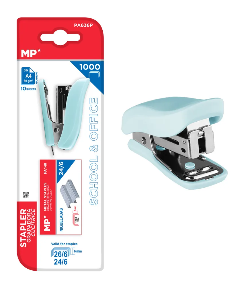 MP mini συρραπτικό PA636P με ανταλλακτικά, 24/6 - 26/6, 10 φύλλα, γαλάζιο