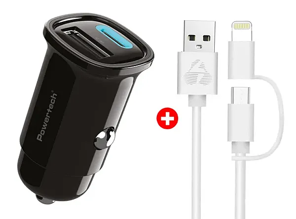 POWERTECH φορτιστής αυτοκινήτου με καλώδιο MFi USB σε micro USB/Lightning BNDL-0206, USB & USB-C, 30W, μαύρο/λευκό