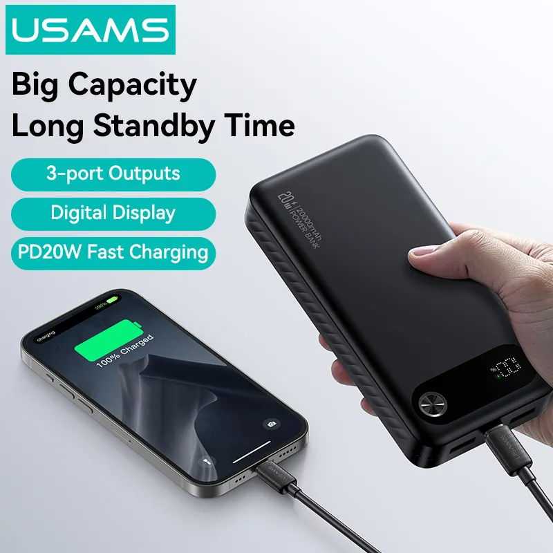 USAMS power bank CD251 με οθόνη, 3x θύρες εξόδου, 20000mAh, PD20W, μαύρο