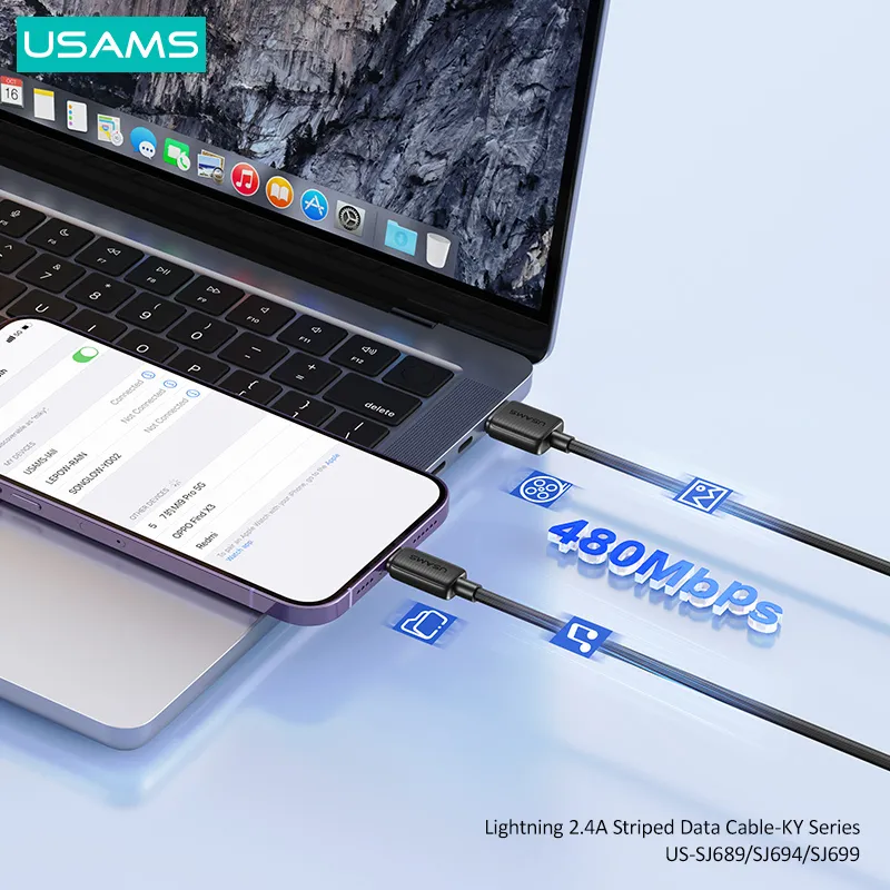 USAMS καλώδιο Lightning σε USB US-SJ694, 2.4A, 480Mbps, 2m, μαύρο