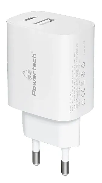 POWERTECH φορτιστής τοίχου PT-1040, USB & USB-C, PD QC3.0, 20W, λευκός