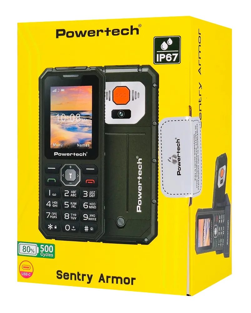 POWERTECH κινητό τηλέφωνο Sentry Armor, dual SIM, πλήκτρο SOS, 4G, IP67, μαύρο