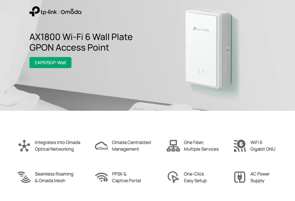 TP-LINK access point EAP615GP-Wall, WiFi 6, 1800Mbps AX1800, Mesh, GPON, V1.0