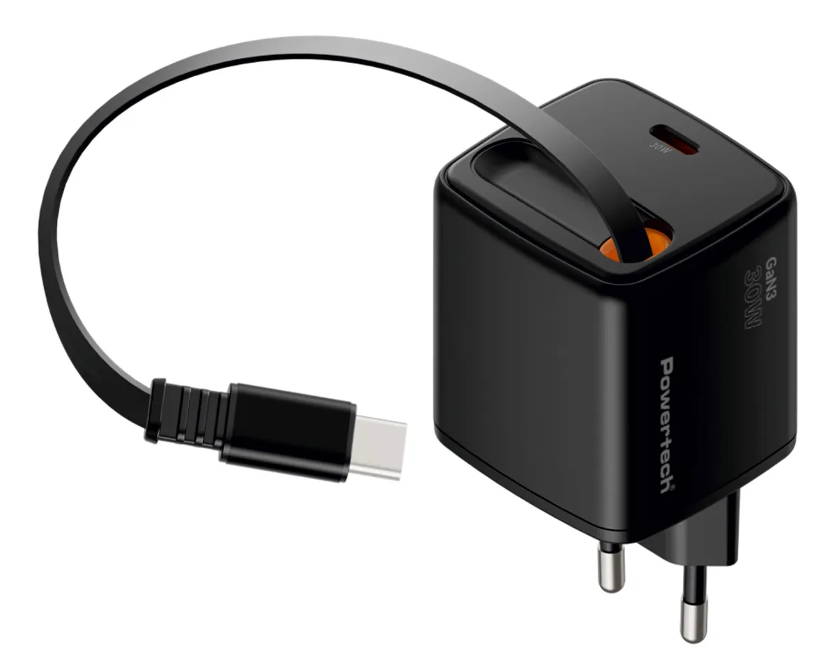 POWERTECH φορτιστής τοίχου PT-1571 με πτυσσόμενο καλώδιο, USB-C, 30W, GaN, μαύρος