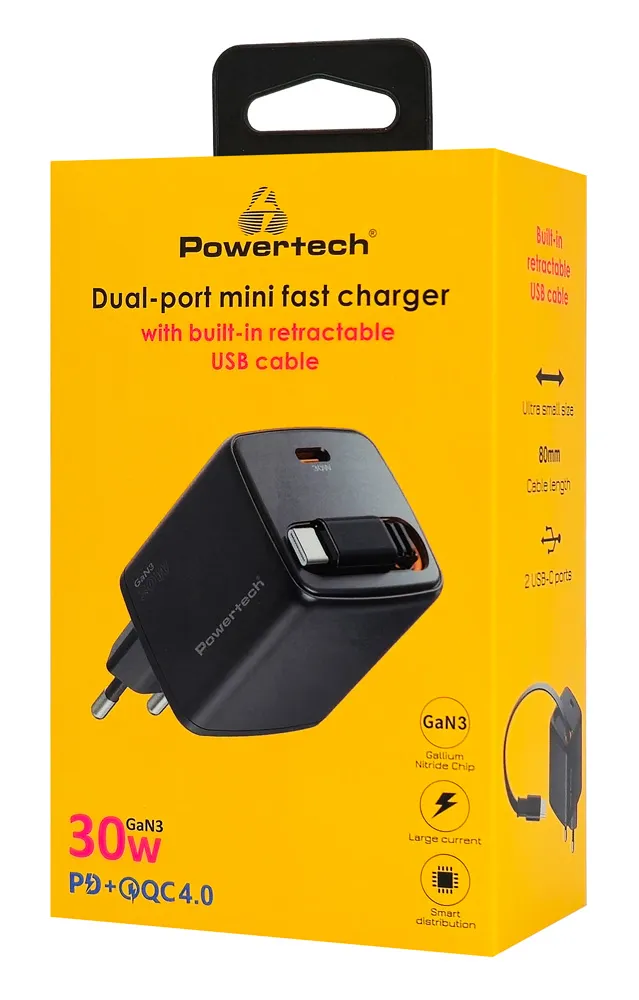POWERTECH φορτιστής τοίχου PT-1571 με πτυσσόμενο καλώδιο, USB-C, 30W, GaN, μαύρος